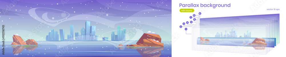 Parallax background winter city skyline at frozen waterfront bay. Urban 2d cityscape architecture under snowfall. skyscraper buildings separated layers for game animation, Cartoon vector illustration