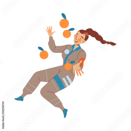 Woman Astronaut Character in Space Flying in the Air with Oranges Around Vector Illustration