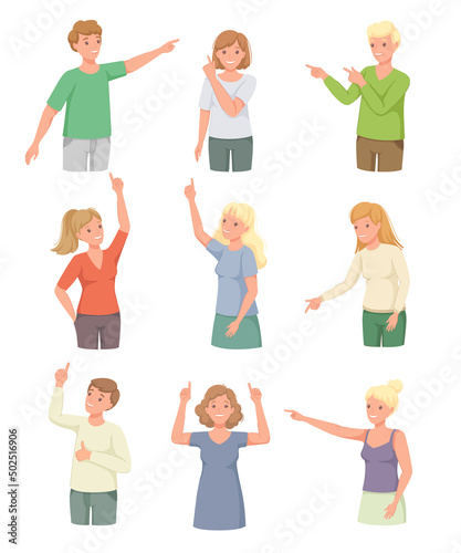People Character Indicating Something Pointing with Index Finger as Hand Gesture Specifying Direction Vector Set