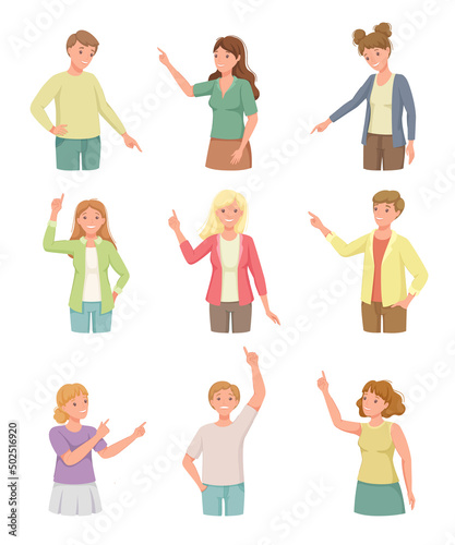 People Character Indicating Something Pointing with Index Finger as Hand Gesture Specifying Direction Vector Set