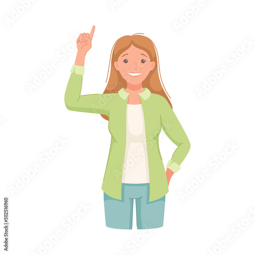 Woman Character Indicating Something Pointing with Index Finger as Hand Gesture Specifying Direction Vector Illustration