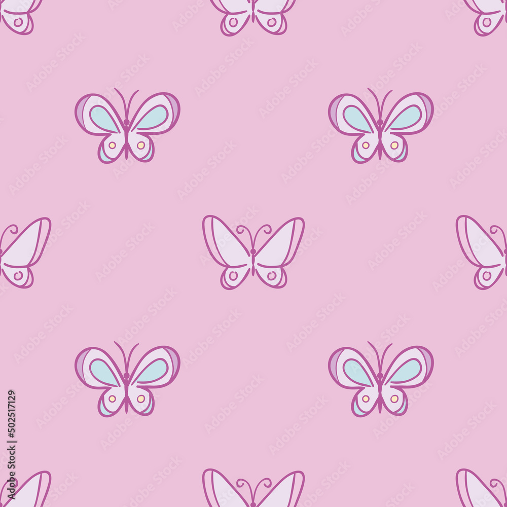 Simple pastel pink cartoon butterfly pattern for kids, cute vector repeat