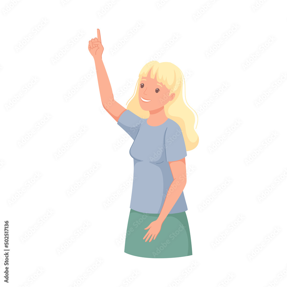Woman Character Indicating Something Pointing with Index Finger as Hand Gesture Specifying Direction Vector Illustration Woman Character Indicating Something Pointing with Index Finger as Hand Gesture Specifying Direction Vector Illustration