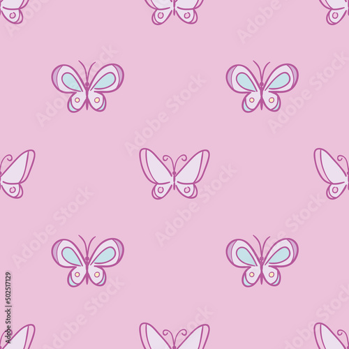 Simple pastel pink cartoon butterfly pattern for kids, cute vector repeat © Kati Moth