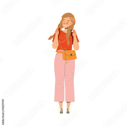 Woman Character Smiling and Showing Hand Gesture Expressing Emotion with Body Language Vector Illustration