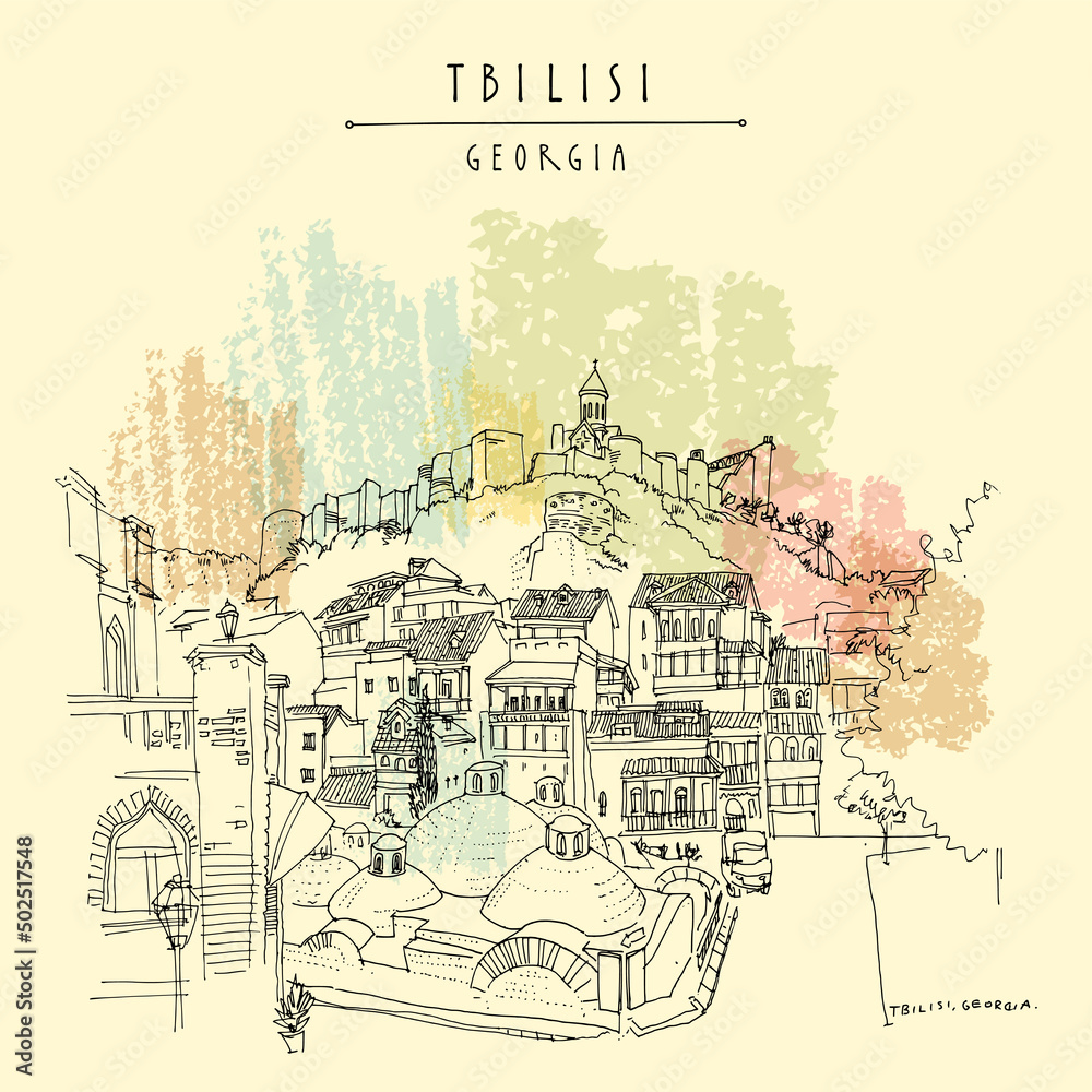 Fototapeta premium Vector Tbilisi, Georgia postcard. Muslim quarter (Azerbaijani distict). Sulphur baths, Narikala fortress, beautiful houses. Travel sketch drawing. Hand drawn vintage touristic postcard illustration