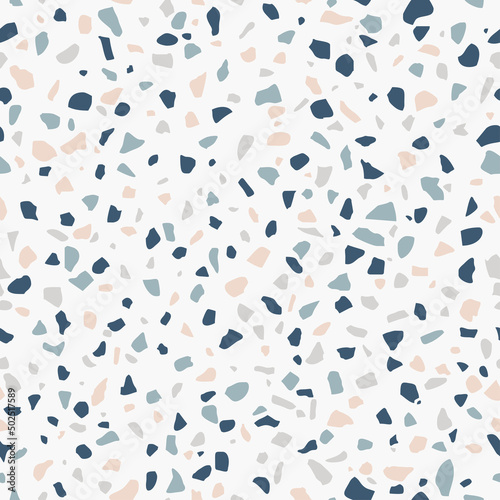 Terrazzo flooring, seamless pattern in pastel colors. Polished rock surface. Tender white background with colored stones. Vector texture