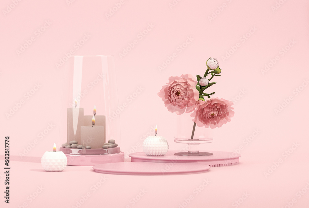 3D podium display, pastel pink background with Peonies flower and palm leaf shadow. Minimal pedestal for beauty, cosmetic product. Holiday, feminine copy space template 3d render
