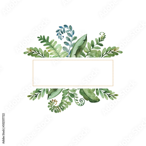 Cute dinos world collection. Watercolor frame border with tropical leaves,fern,palm leaf and more.Perfect for baby shower,wedding,greeting,nursery decorations,invitations,party.