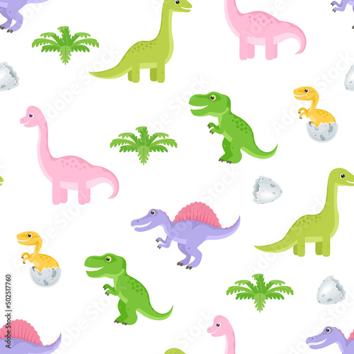 Cartoon dinosaurs background. Childish seamless pattern with cute funny Jurassic animals. Newborn dinosaur hatched from egg. Funny brachiosaurus  brontosaurus  t-rex and spinosaurus. 