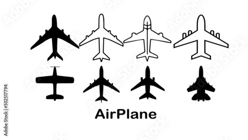 Set of airplane icons, passenger planes, airplanes. Vector Illustration.