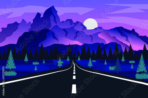 Mountain road and pine tree landscape with a moonlit sky