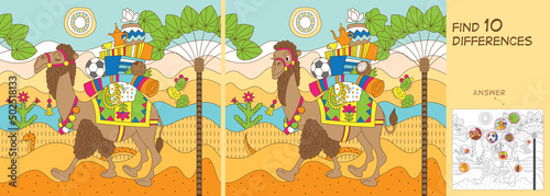 Camel travels with luggage on his back through the Arabian desert. Find 10 differences. Educational game for children. Cartoon vector illustration 