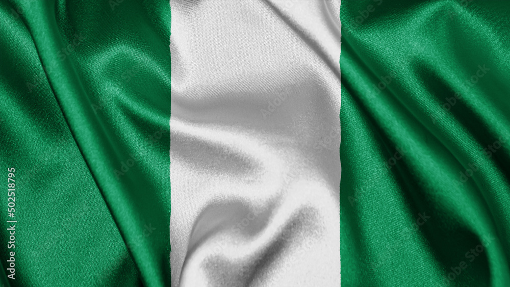 Close up realistic texture fabric textile silk satin flag of Nigeria waving fluttering background. National symbol of the country. 1st of October, Happy Day concept Close up realistic texture fabric textile silk satin flag of Nigeria waving fluttering background. National symbol of the country. 1st of October, Happy Day concept