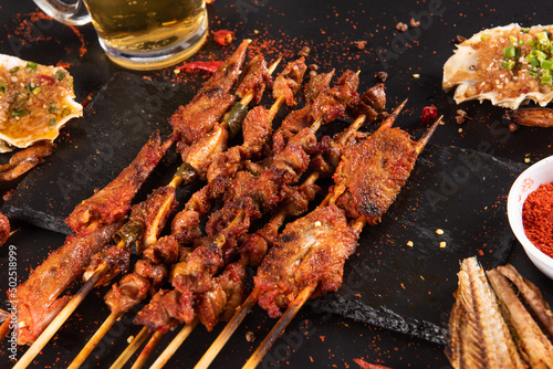 Shashlik. Kebab. Grilled barbecue meat with spices.