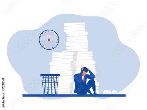 Businessman busy unhappy man with stacks of paper on desk.hard work concept vector illustrator