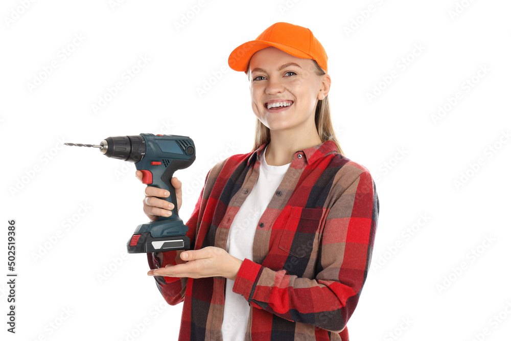 Concept of occupation, young woman with drill isolated on white background