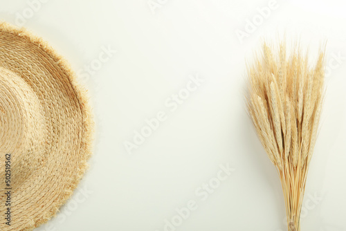 Hygge concept, spikeletes and hat on white background photo