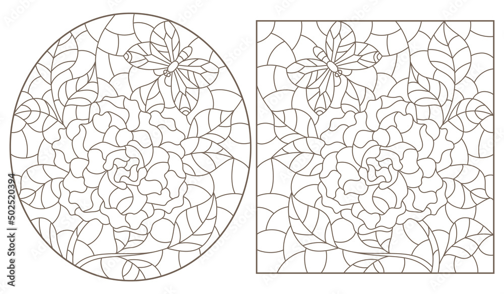 Set of contour illustrations in stained glass style with abstract flowers, dark outlines on a white background Set of contour illustrations in stained glass style with abstract flowers, dark outlines on a white background