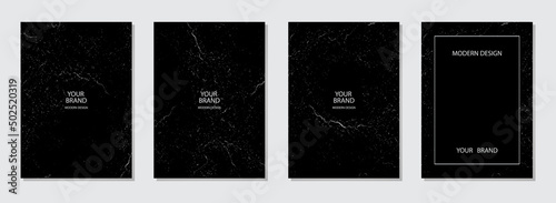 Modern cover, place for text. Stylish black background with grunge marble texture (cracked). Collection of vertical original templates for catalogue, brochure, magazine layout, booklet, flyer.