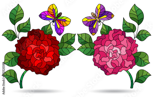 A set of illustrations in a stained glass style with bright rose flowers, isolated on a white background