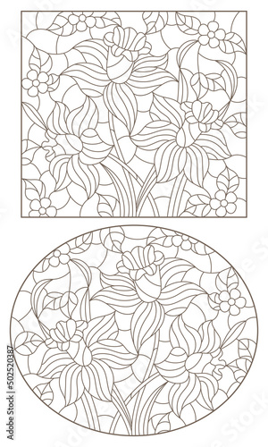 A set of contour illustrations in the style of stained glass with floral arrangements, dark contours on a white background