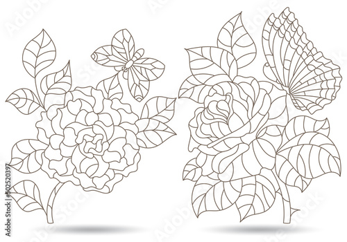 Set of contour illustrations in stained glass style with abstract flowers  dark outlines isolated on a white background