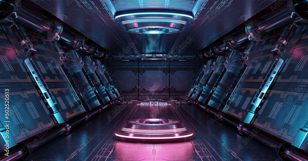 Blue and pink spaceship interior with projector. Futuristic corridor in space  station with glowing neon lights background. 3d rendering Stock  Illustration | Adobe Stock