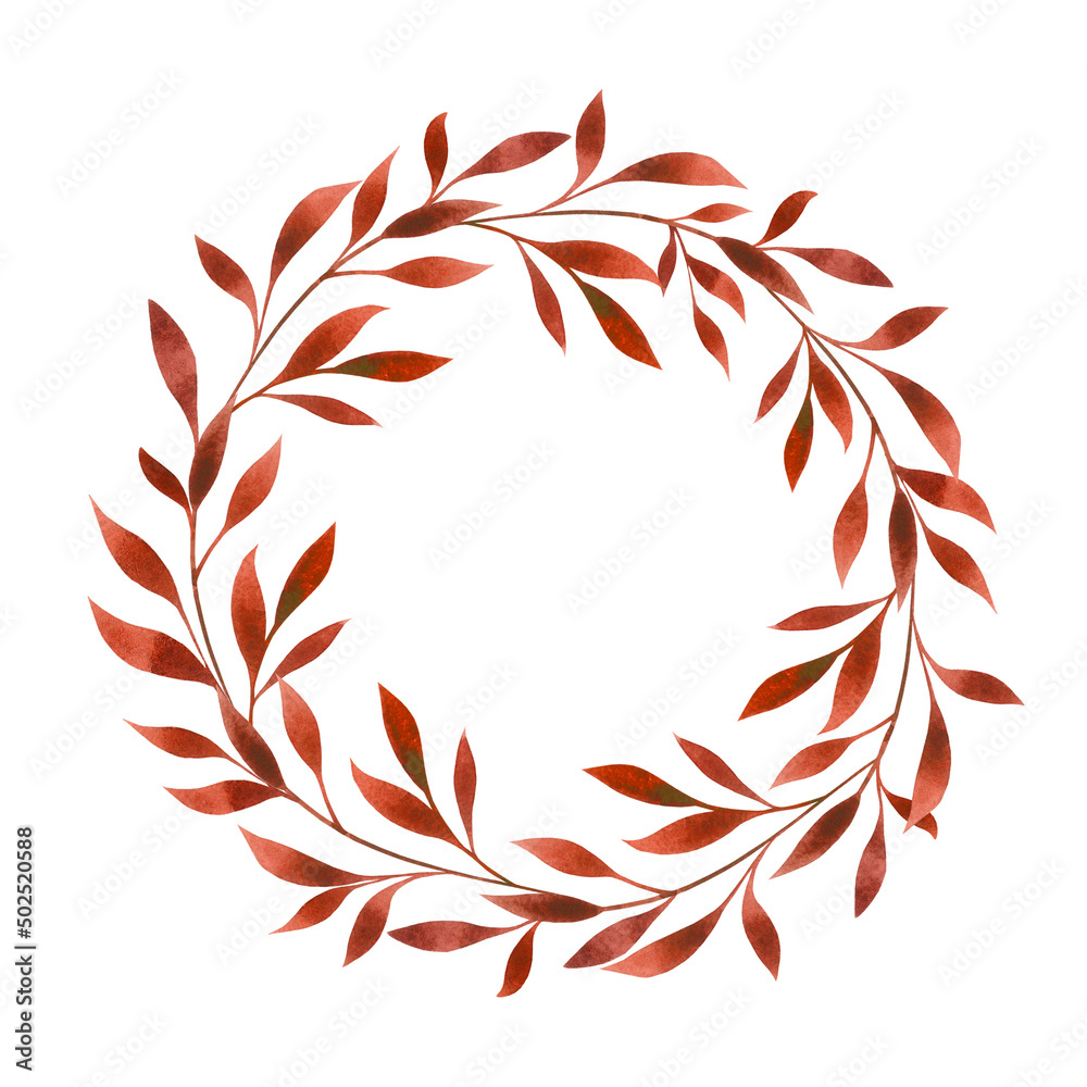 Floral round wreath, frame, border, blank, template isolated on white. Watercolor red, copper, orange botanical illustration for copy space, card, greeting, invitation. Green leaves circle design.