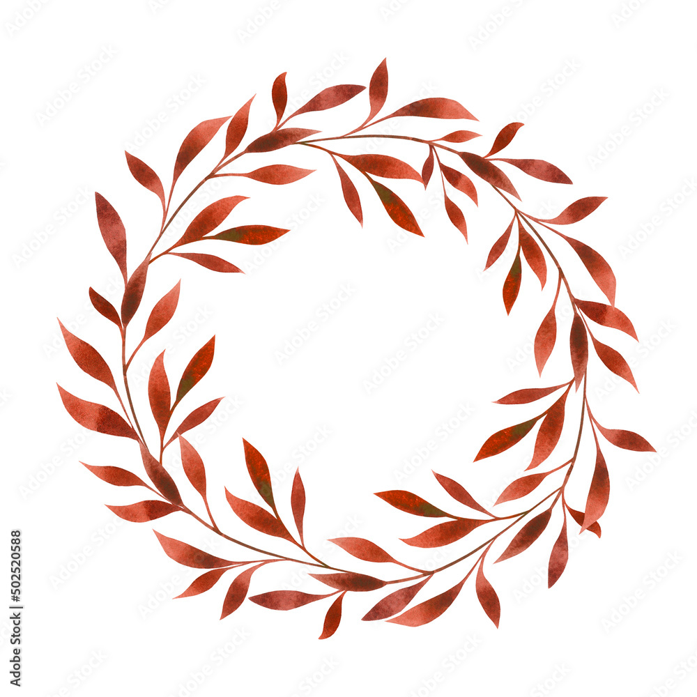 Floral round wreath, frame, border, blank, template isolated on white. Watercolor red, copper, orange botanical illustration for copy space, card, greeting, invitation. Green leaves circle design. Floral round wreath, frame, border, blank, template isolated on white. Watercolor red, copper, orange botanical illustration for copy space, card, greeting, invitation. Green leaves circle design.