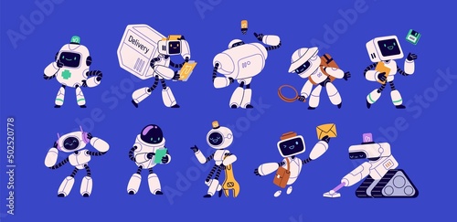 Robots set with cute screen faces. Futuristic smart androids assistants at work. AI technology, digital characters. Human-like machines with artificial intelligence. Isolated flat vector illustrations