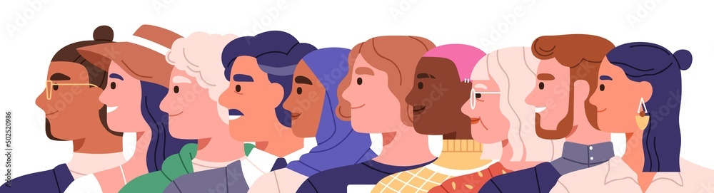 Diverse international people faces profiles in row. Men and women group of different race, age, appearance. Diversity concept. Colored flat graphic vector illustration isolated on white background