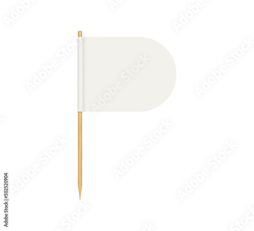 Toothpick flag. Blank flag on wooden stick. Wood toothpick with white paper banner for food and cocktail decoration. Round forms of pennant. Realistic 3d vector isolated on white background.