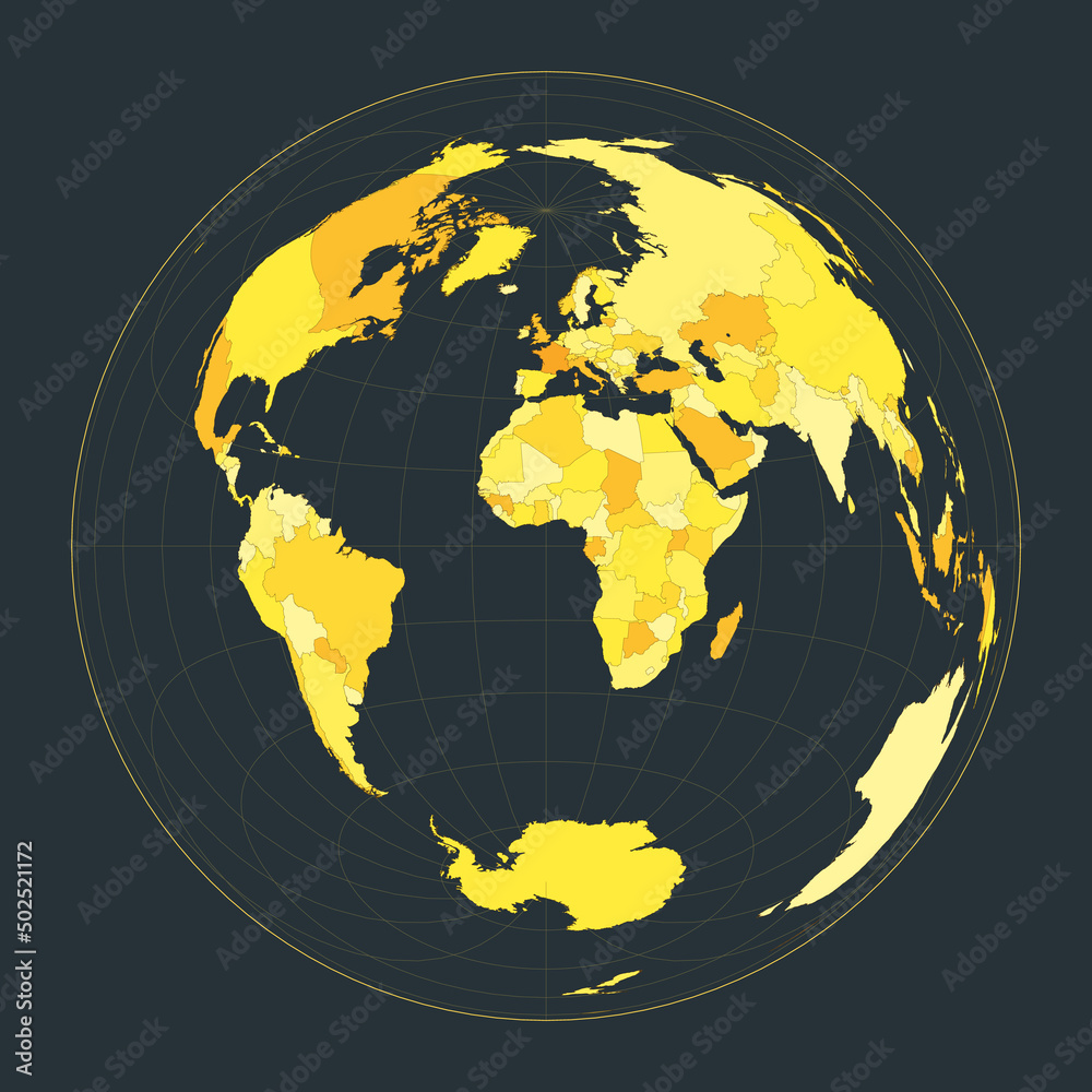 World Map. Lambert azimuthal equal-area projection. Futuristic world illustration for your infographic. Bright yellow country colors. Authentic vector illustration.