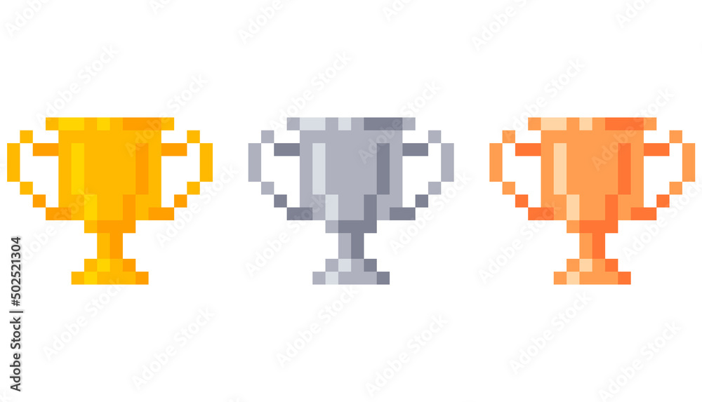 Pixel golden, silver and bronze trophy pack. Isolated vector illustration.