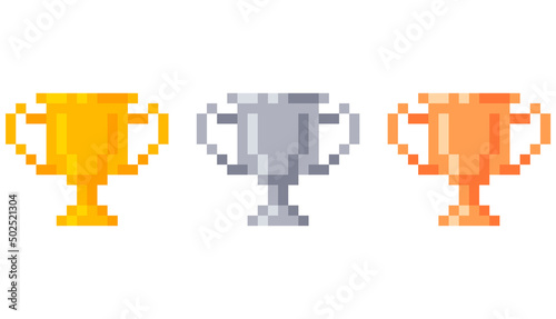 Pixel golden, silver and bronze trophy pack. Isolated vector illustration.
