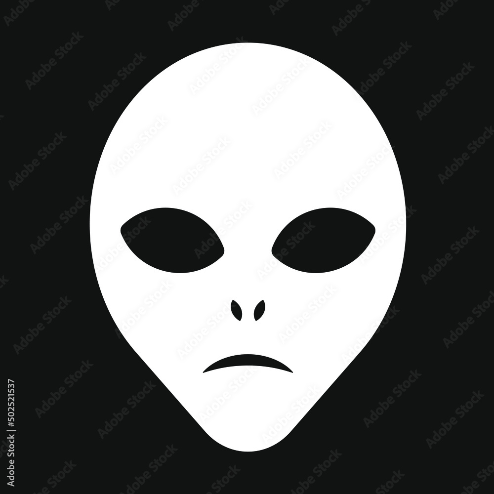 Alien head vector sign. Humanoid face symbol icon. Extraterrestrial logo. Science fiction label. Ufo and sci-fi character illustration image.