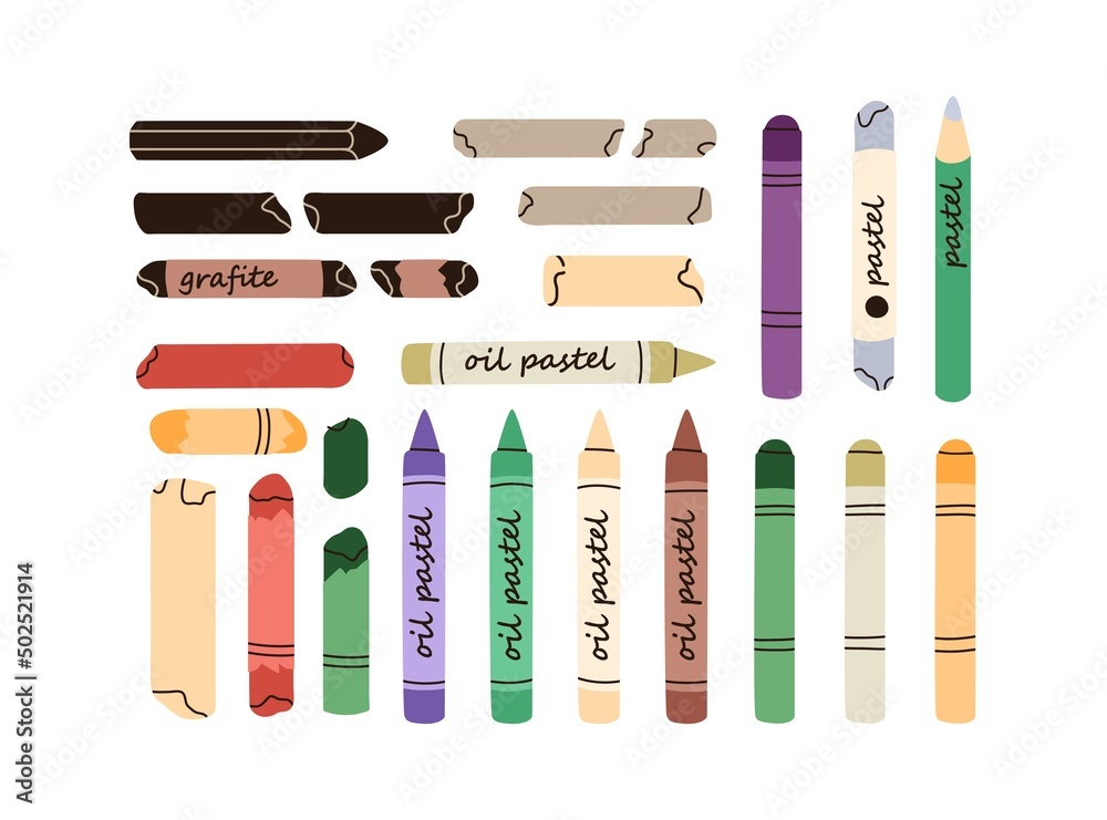 Oil pastel, crayon, graphite pencil, wax stick set. Artists supplies of different colors for painting, drawing. New and used painters stationery. Flat vector illustration isolated on white background Oil pastel, crayon, graphite pencil, wax stick set. Artists supplies of different colors for painting, drawing. New and used painters stationery. Flat vector illustration isolated on white background