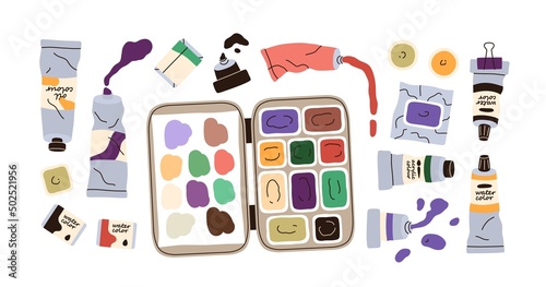Paints set. Oil, acrylic colours in open squeezed tubes, watercolor palette box, gouache, ink for drawing, art. Artists colors, supplies. Flat vector illustrations isolated on white background