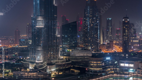 Aerial view of Dubai city all night timelapse in downtown.