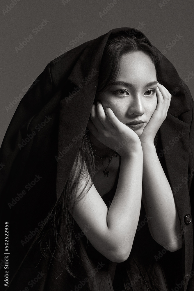 High fashion portrait of young elegant woman. Black and White image High fashion portrait of young elegant woman. Black and White image