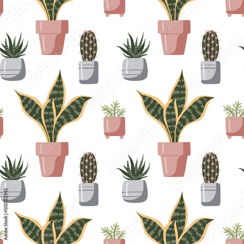 Vector seamless pattern with homemade flowers. Plants. Home gardening. Hand drawn illustration. The print is used for Wallpaper, fabric, textile.