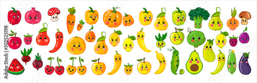 set of fruits and vegetables, colorful painted cute characters, vector illustration, isolated on a white background