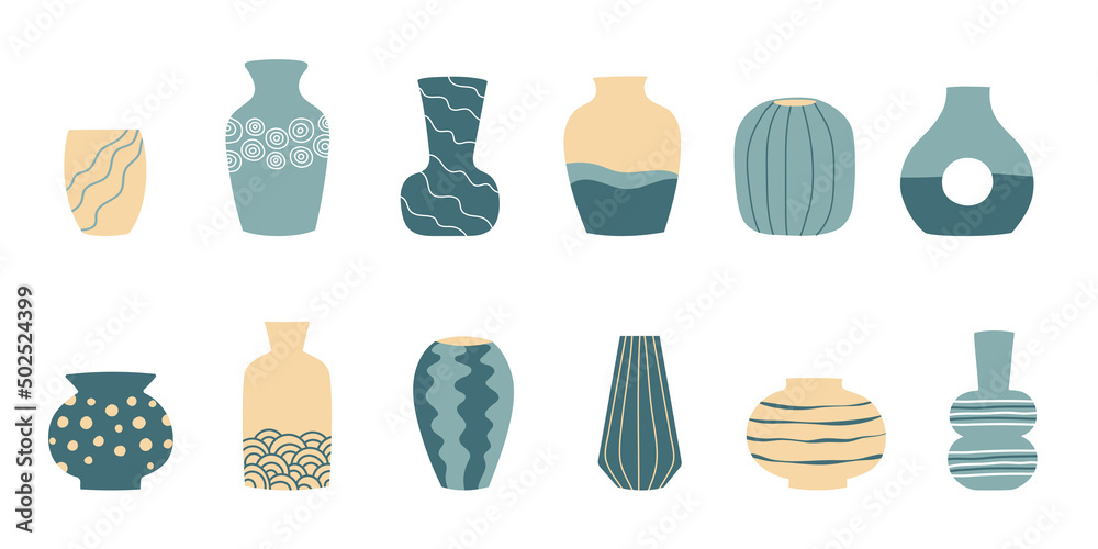 Set of clay pottery, ceramic pots, vases in pastel colors with ornament. Decorative elements collection of vases Set of clay pottery, ceramic pots, vases in pastel colors with ornament. Decorative elements collection of vases