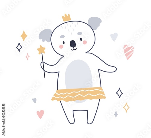 Cute fairy animal in Scandi style. Fairytale bear with magic wand. Princess c...