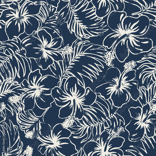 Tropical hibiscus flower plants patchwork vintage vector seamless pattern