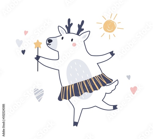 Cute fairytale animal in Scandi style. Fairy tale deer dancing with magic wan...