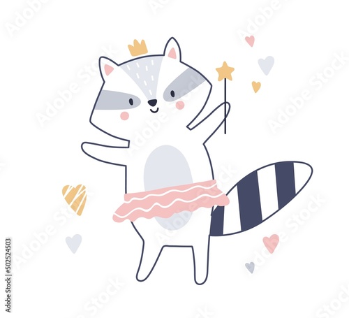Cute fairytale baby animal with magic wand, crown. Scandinavian fairy raccoon princess. Happy adorable sweet little racoon character. Childish flat vector illustration isolated on white background