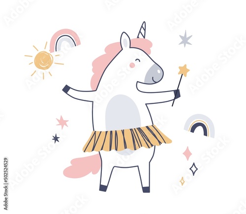 Cute fairytale unicorn, fairy baby animal with magic wand. Dream horse with horn in Scandinavian style. Happy little pony with pink mane. Childish flat vector illustration isolated on white background