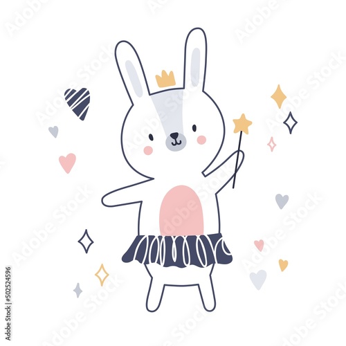Cute fairy baby rabbit with magic wand, crown. Scandinavian fairytale bunny p...